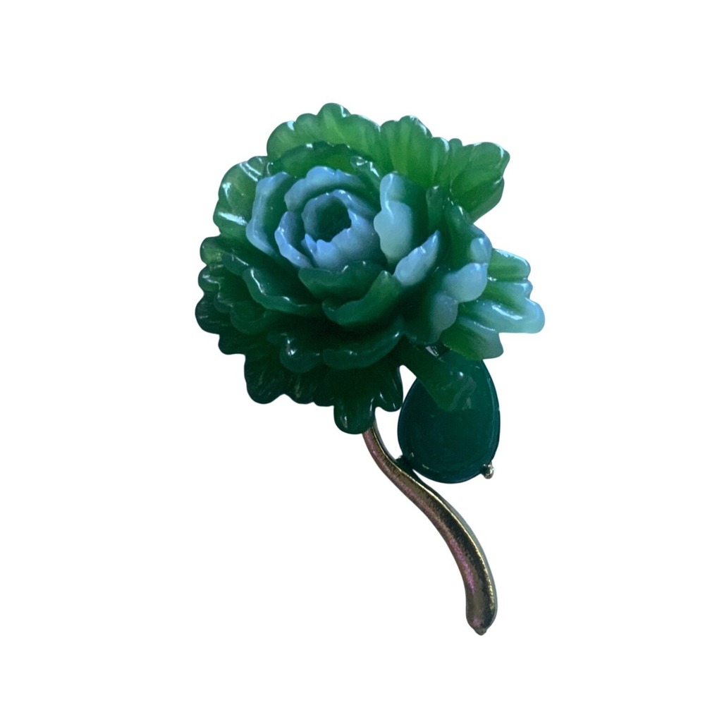Vintage Green Carved Resin Flower Brooch Gold Tone Stem Floral Pin 2 Inch